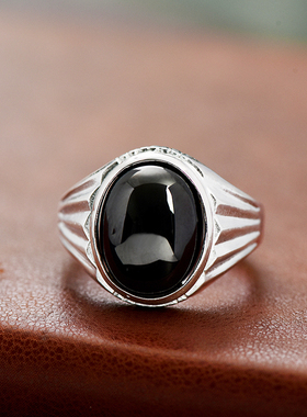 纯银男士戒指99足银天然黑玛瑙个性简约大气开口复古霸气宝高级感