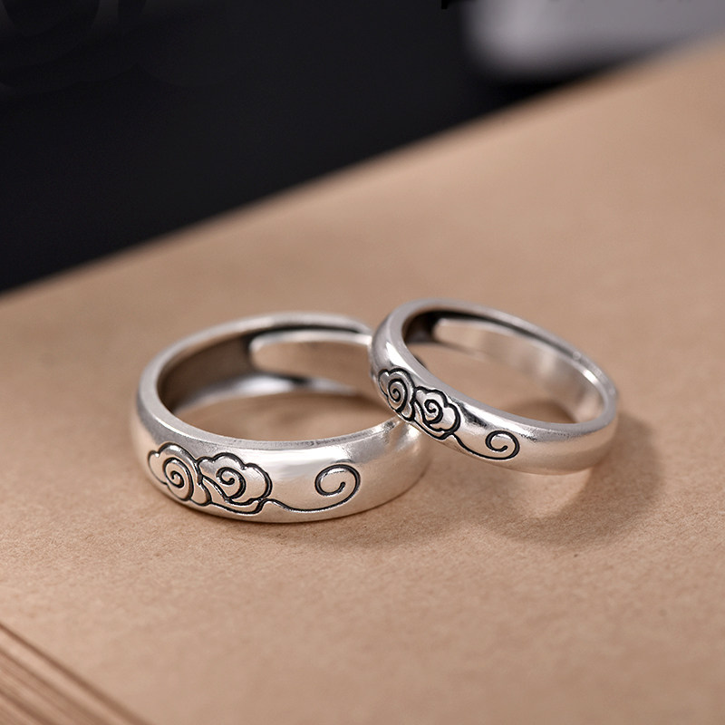 999纯银戒指 民族风祥云复古手工个性做旧 足银开口男女情侣对戒