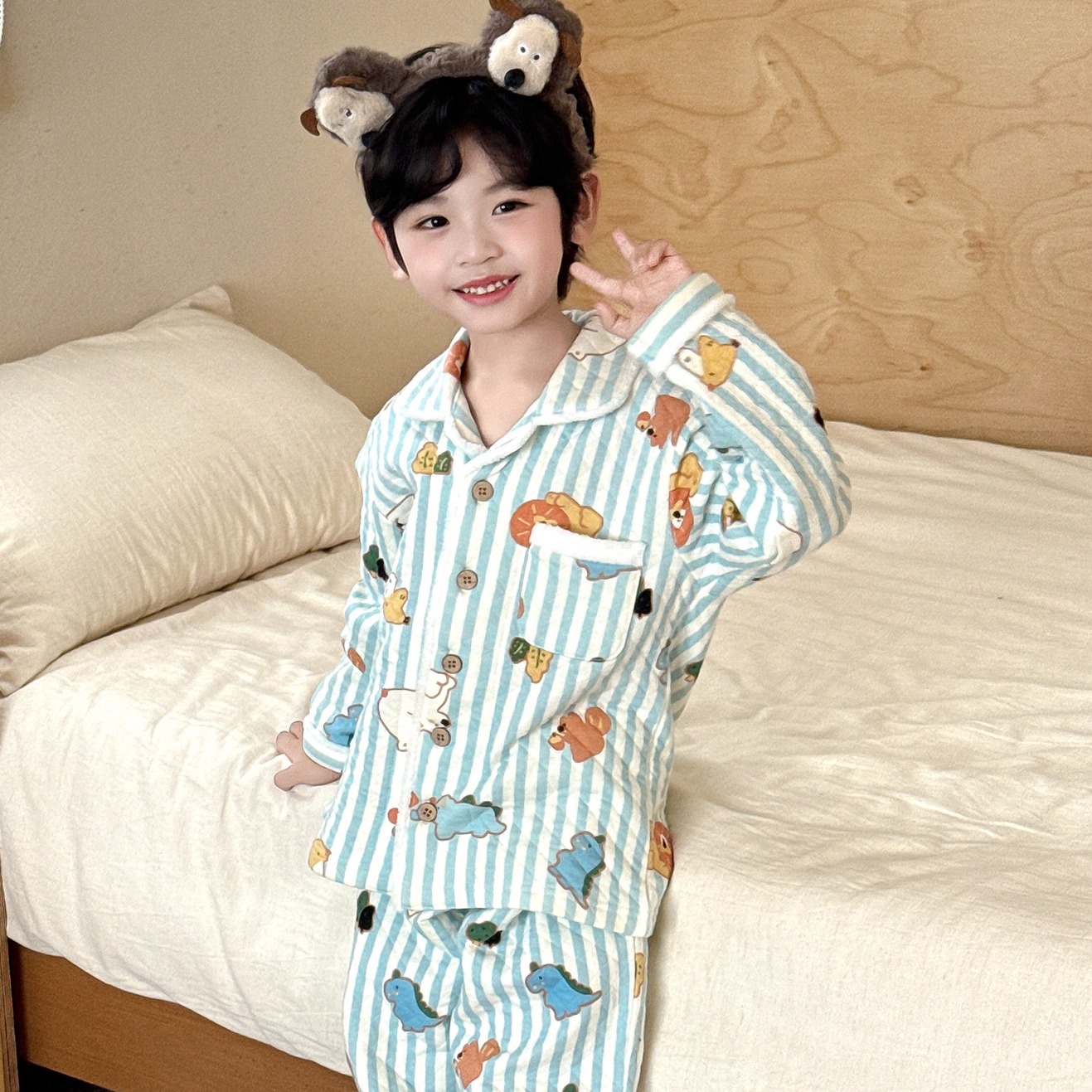 『眠岛』儿童可爱卡通睡衣秋冬男童三层夹棉宝宝空气棉保暖家居服