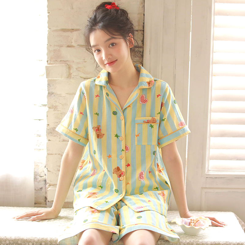 『眠岛』夏季睡衣女纯棉纱布可爱卡通短袖短裤套装薄款外穿家居服