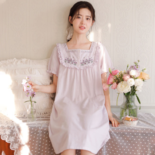 甜美小清新刺绣套头款 短袖 眠岛 家居服裙子 棉纱睡裙女夏款
