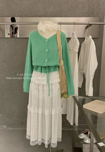 波点蛋糕半身裙套装 Y.JIA 伊嘉假两件蕾丝拼接绑带收腰针织开衫