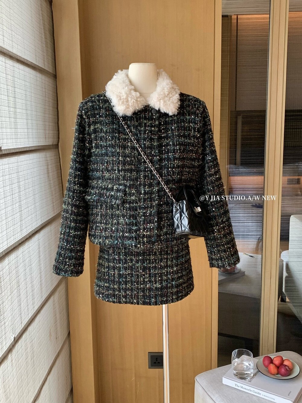 Y.JIA 伊嘉法式小香风毛领亮片编织毛呢短外套+高腰半身裙套装女,女装/女士精品,时尚套装,淘宝优惠券,粉丝福利购,淘宝优惠卷