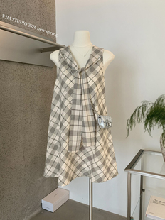 Y.JIA 设计感绑带斜裁格子连衣裙女韩系小个子减龄短裙 伊嘉春季