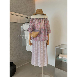 提花松紧腰半身裙套装 Y.JIA伊嘉莫奈少女一字领露肩薄款 碎花小衫