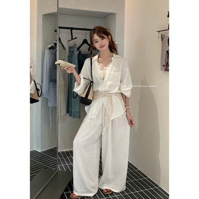 Y.JIA 伊嘉亚麻蕾丝拼接宽松百搭衬衫+镂空披肩+松紧腰休闲裤套装