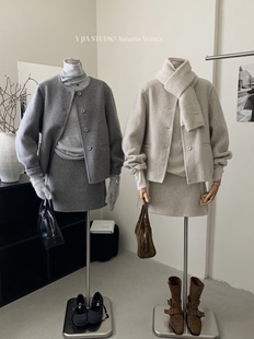 Y.JIA伊嘉韩系小香风气质短款毛呢外套+高腰百搭半身裙绝美套装女