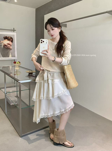 不规则蛋糕半身裙套装 温柔设计感绑带圆领针织衫 伊嘉春季 Y.JIA