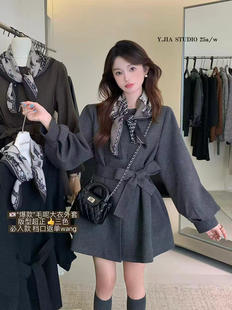Y.JIA 伊嘉韩系复古名媛高级感收腰系带灯笼袖气质毛呢短外套大衣