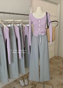 Y.JIA伊嘉假两件蕾丝花边拼接设计感针织衫 两件套 宽松显瘦休闲裤