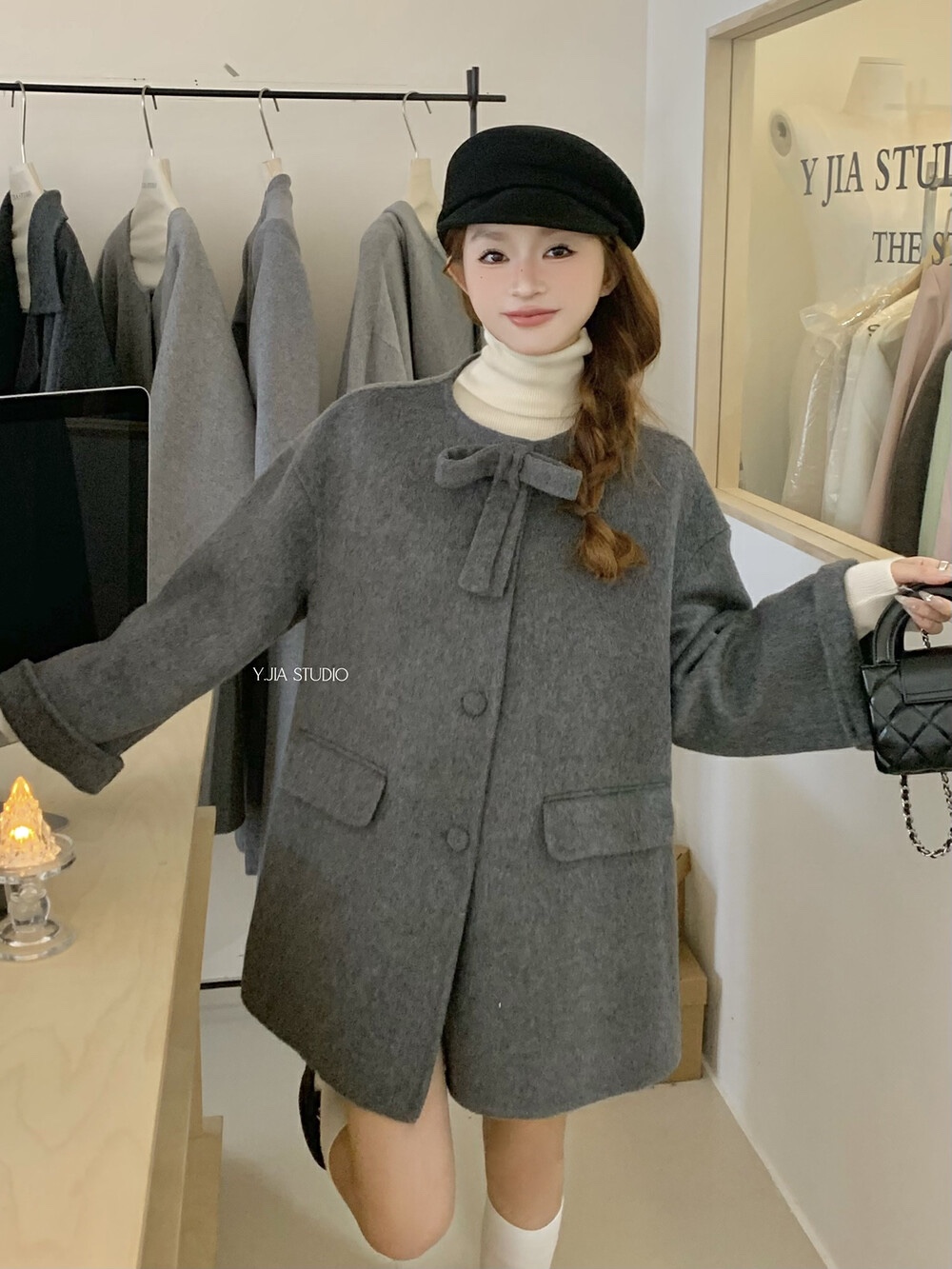 Y.JIA 伊嘉法式复古蝴蝶结斗篷高级感双面呢羊毛中长款外套大衣女