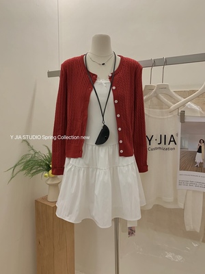 Y.JIA伊嘉法式甜美针织开衫+蕾丝拼接蝴蝶结收腰显瘦连衣裙两件套