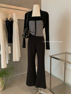 针织开衫 短款 条纹抹胸背心 微喇休闲裤 女 Y.JIA 套装 伊嘉韩系修身