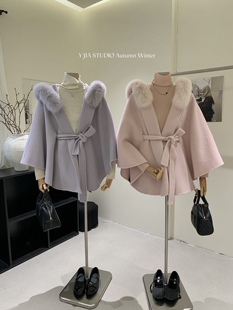 Y.JIA 伊嘉京都千金重工狐狸毛大毛领斗篷外套秋冬双面羊毛呢大衣