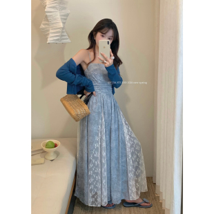 蕾丝设计感拼接吊带连衣裙套装 气质防晒针织开衫 伊嘉法式 Y.JIA