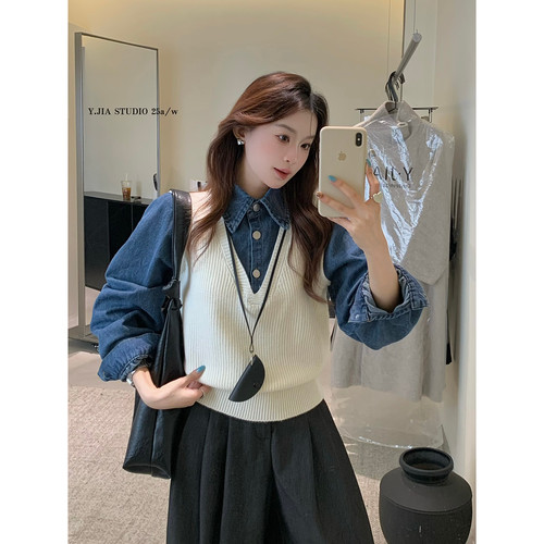 YJIA伊嘉韩系设计感小众撞色牛仔拼接假两件休闲显瘦针织衫上衣女