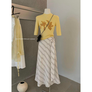 不规则绑带高腰半身裙气质两件套装 Y.JIA伊嘉韩系印花修身 针织衫