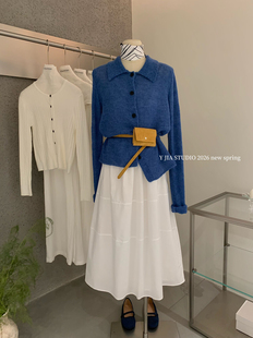 高腰A字半身裙套装 毛衣 女 伊嘉韩系蓝色慵懒风翻领针织开衫 Y.JIA