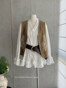 Y.JIA伊嘉韩系老钱风重工刺绣牛仔马甲 木耳边宽松连衣裙绝美套装