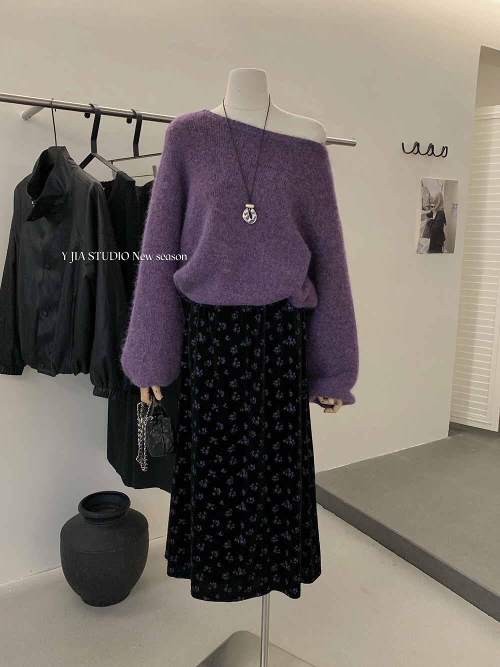 Y.JIA 伊嘉秋冬宽松百搭灯笼袖针织毛衣+a字碎花显瘦半身裙两件套