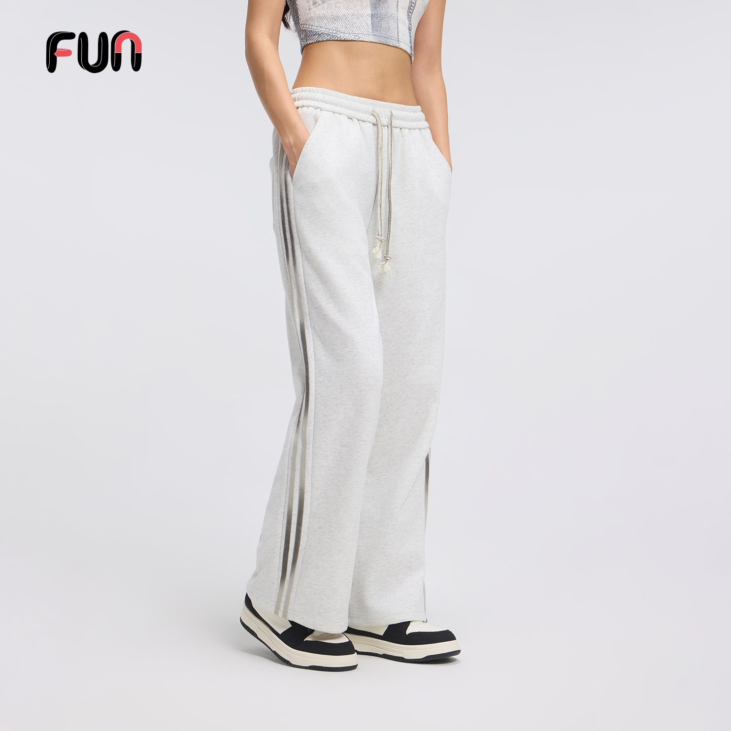 Fun2025秋季潮牌抽绳松紧垂感运动裤卫裤复古宽松阔腿长裤男女