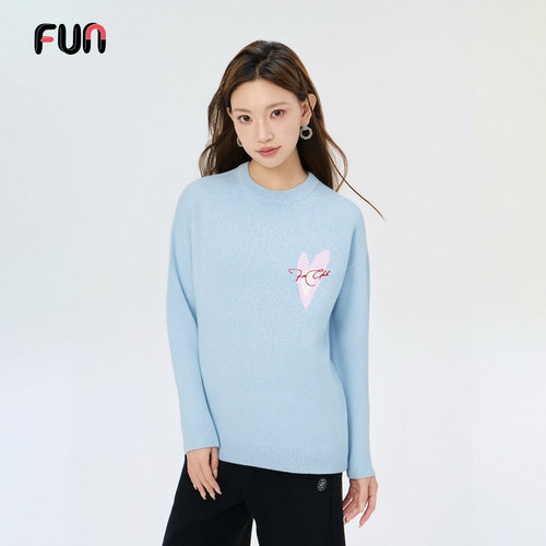 Fun2025秋冬蓝色毛衣圆领针织衫男女同款软糯宽松慵懒爱心情侣装