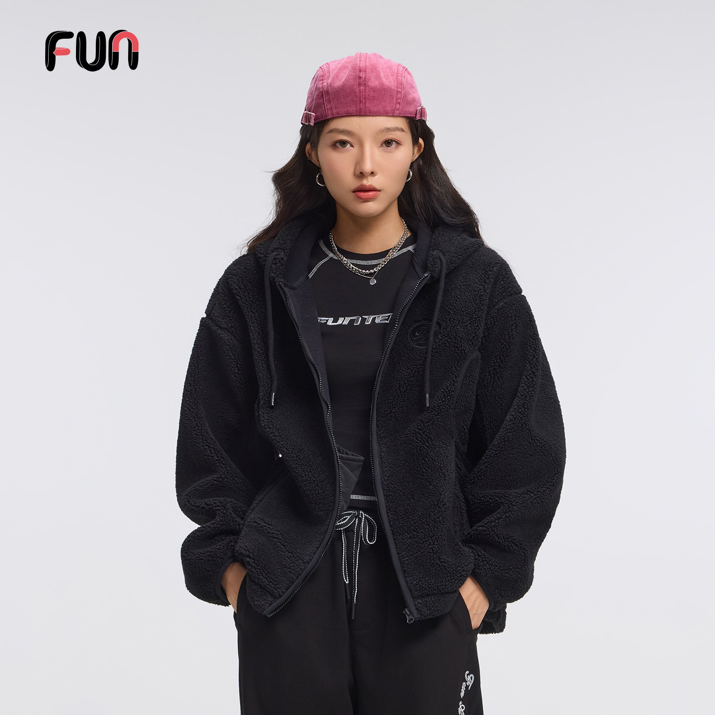 Fun2025秋冬季时尚休闲宽松版大衣羊羔绒连帽外套女加厚上衣棉服