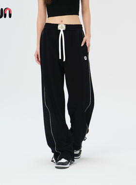 Fun阔腿裤2025年冬季运动裤子抽绳针织裤街舞训练裤显腿直长裤女