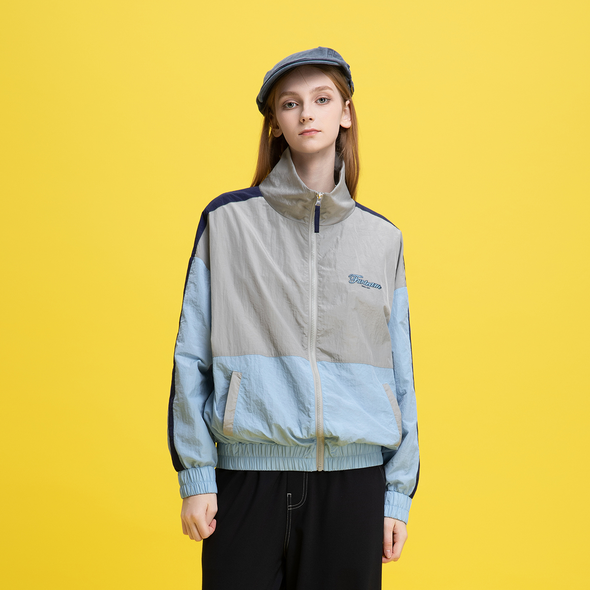 Fun2025秋季线下商场同款运动风衣褶皱感拼色半高领开衫外套