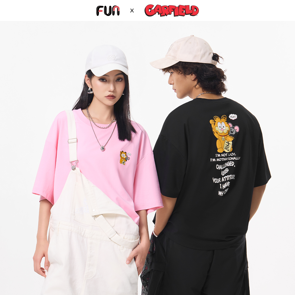 Fun2025夏季新品T恤加菲猫联名款招财猫宽松短袖上衣男女同款