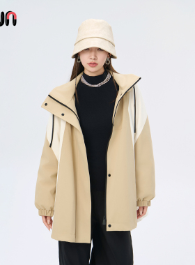 Fun2025冬季新品商场同款宽松上衣外套中长款拼色连帽羽绒服女