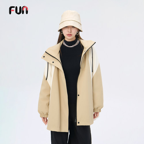 Fun2025冬季新品商场同款宽松上衣外套中长款拼色连帽羽绒服女