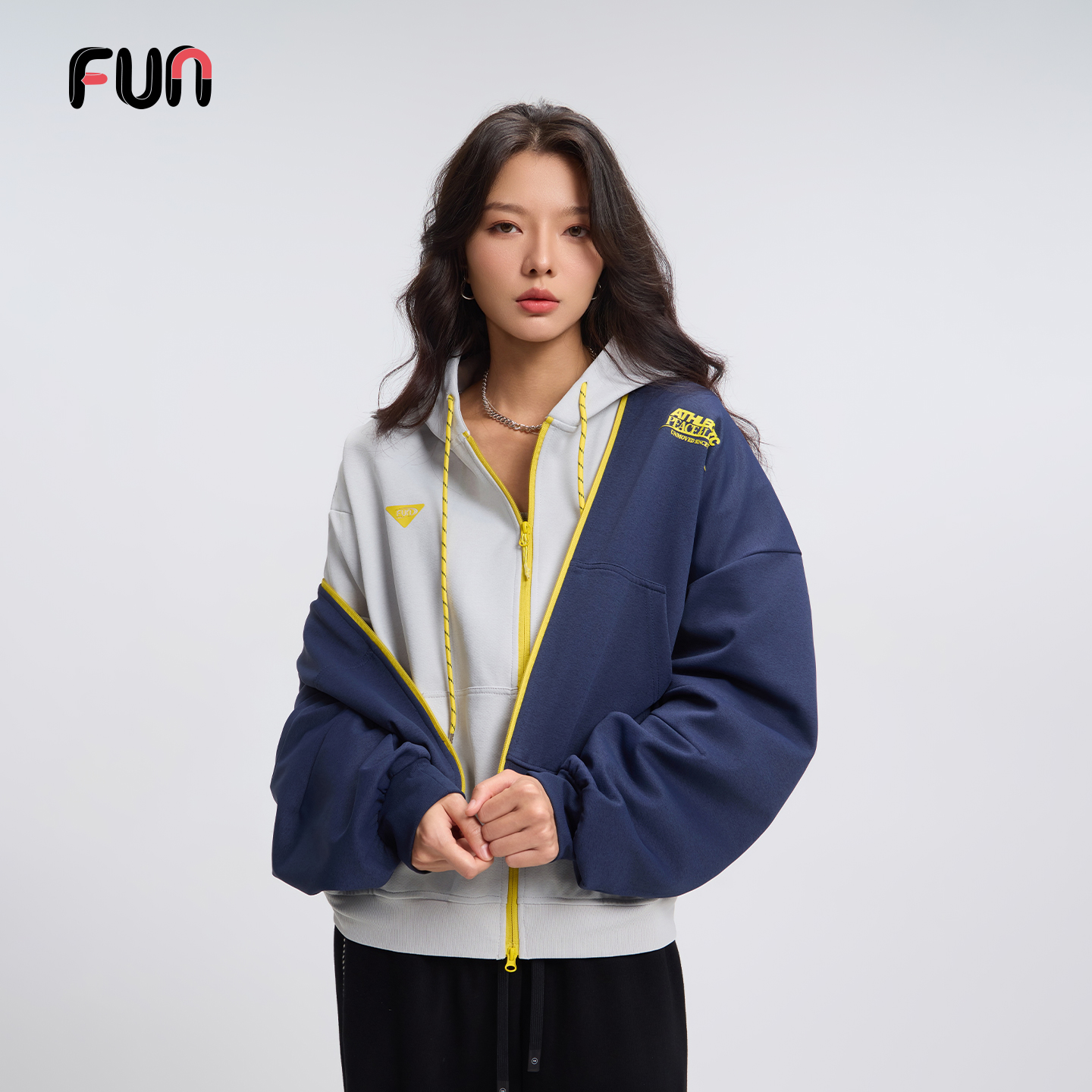 Fun2025秋冬季彩标logo多色连帽卫衣开衫男女情侣双拉链撞色外套