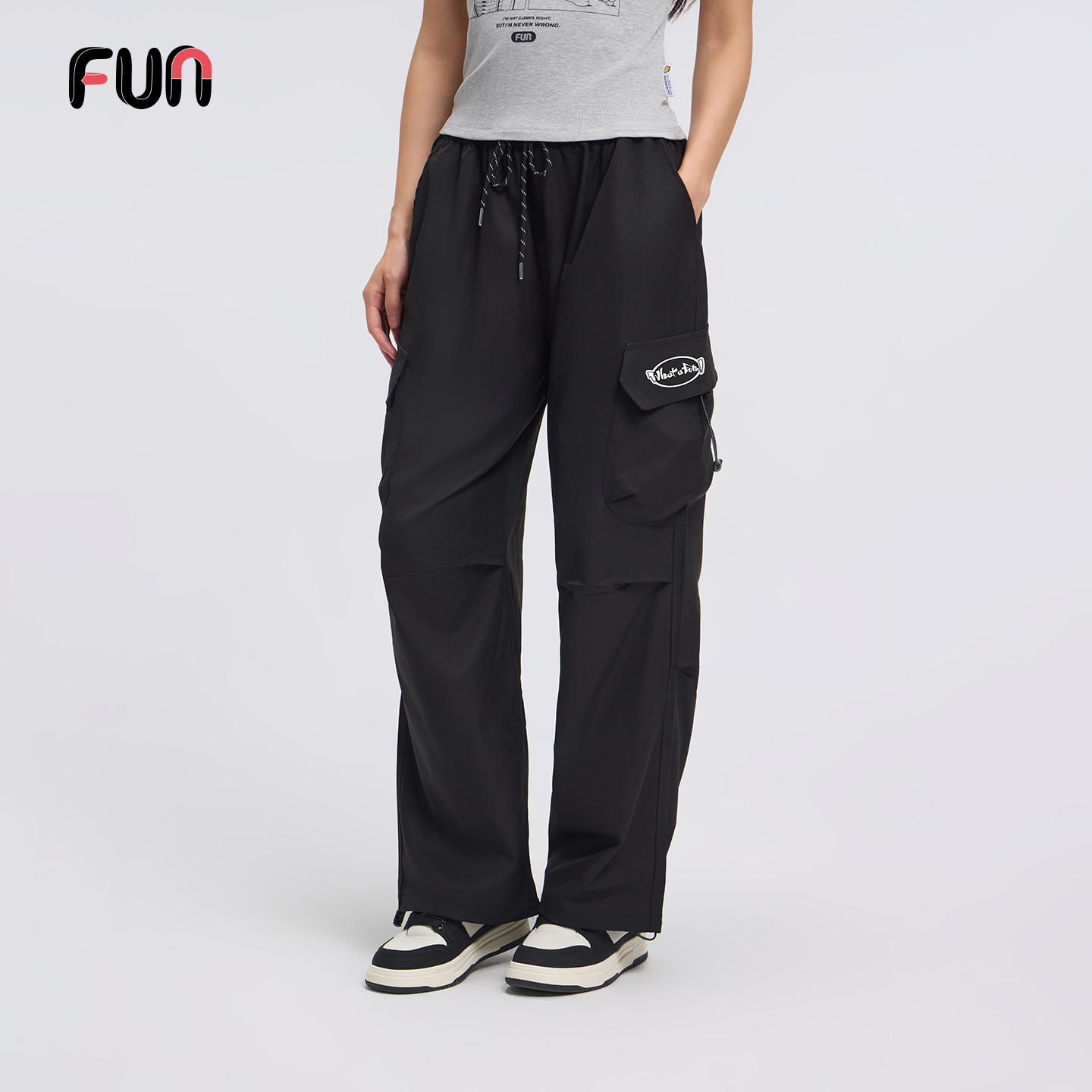 Fun2025秋季新品工装裤子女松紧腰抽绳宽松阔腿伞兵裤休闲长裤