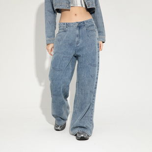 FMK951A7L 阔腿裤 Fun2025春夏线下商场同款 做旧印花牛仔长裤