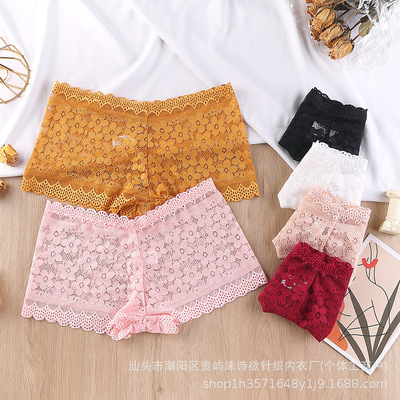 外贸欧美平角裤女士无痕蕾丝花边中低腰微透内裤女