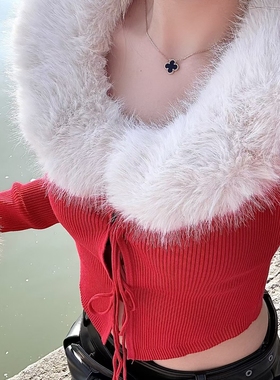 一起风吸睛圣诞氛围短款针织开衫(配领口和袖口毛圈可拆卸)15072