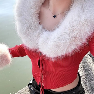 一起风吸睛圣诞氛围短款针织开衫(配领口和袖口毛圈可拆卸)15072