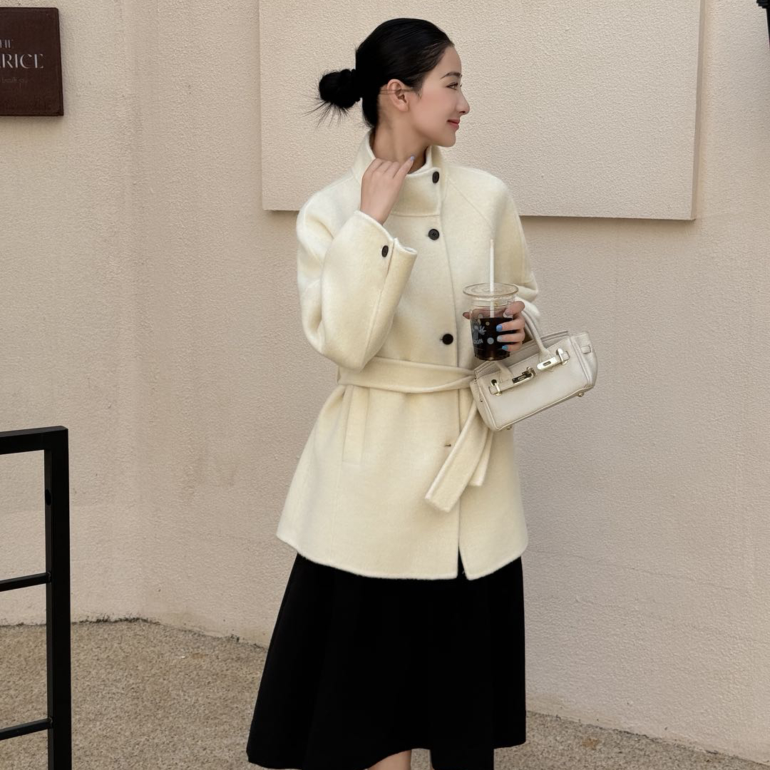 橙一起款设计感斜立领系带显瘦羊毛外套(配腰带)(含100羊毛)B8610