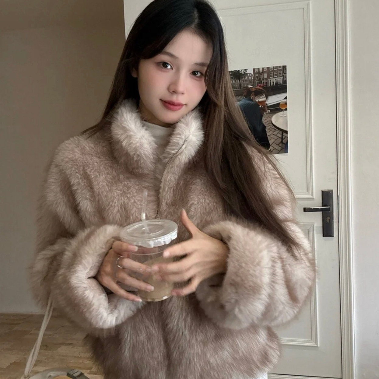 一起色正肩小立领短款毛毛环保皮草大衣厚保暖短外套SJ-6063