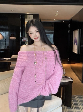 一一起欲气质小女人翻边一字领提花宽松长袖针织保暖毛衣A21109