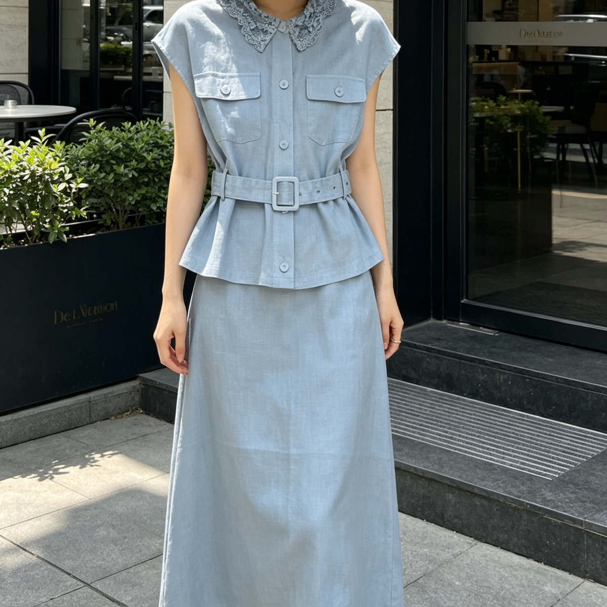 亚麻套裙时尚蕾丝翻领口袋飞机袖上衣+直筒半身裙显套装(配腰带)