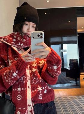 一起设计巾一字领红色毛衣慵懒套头针织衫(配可拆卸围巾)80390