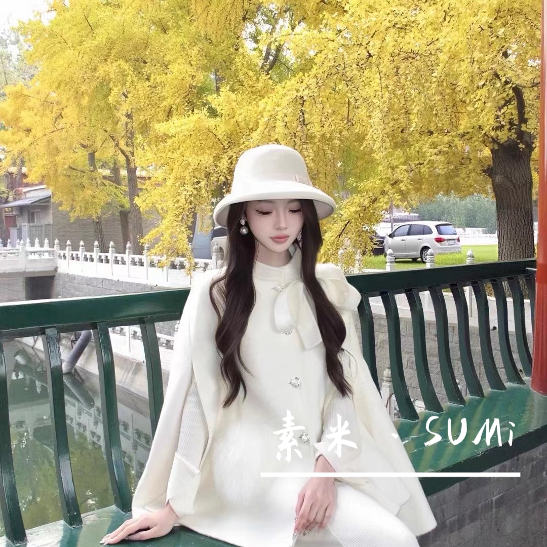 一起千金感名媛风斗篷外套狐狸毛口袋毛呢外套短外套B-4528