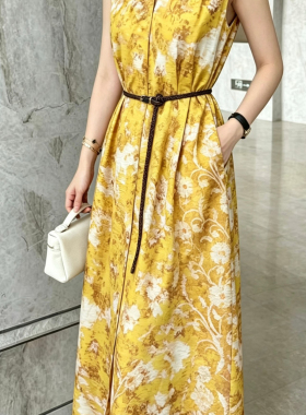 黄色印花连衣裙新款一起感V领无袖收腰A字长裙气质连衣裙(配腰带)
