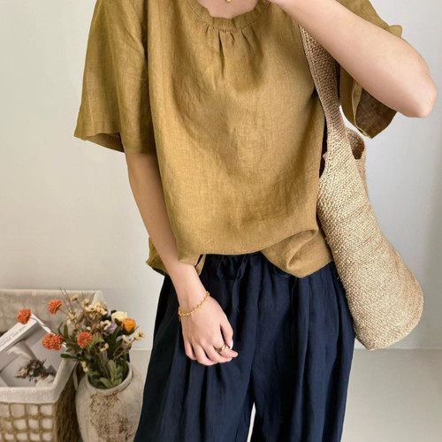 一起设计后纽扣圆领短袖亚麻T恤女2026夏ins宽松显瘦小衫MD90