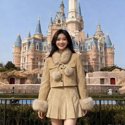 一起气质麂皮绒羽绒服外套+半身裙套装(不配毛领毛袖)YS2-1355