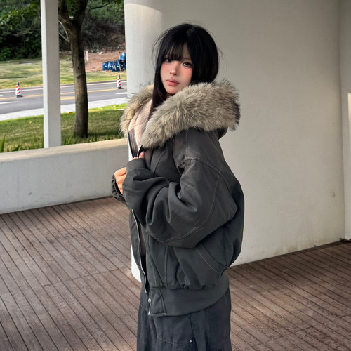 一起加绒加厚大毛领棉衣冬季棉短外套(配可拆卸环保毛毛领)2508