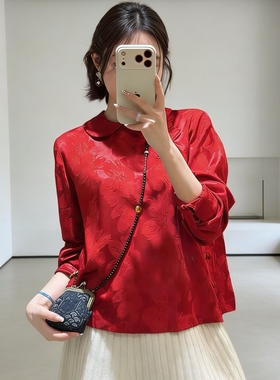 一起设计众高端轻奢设计感娃娃领斜襟盘扣长袖上衣小衫HY26262