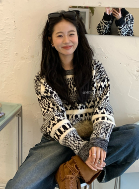 一起设计提花韩版冬季黑白重工设计感随性松弛套头毛衣25221#